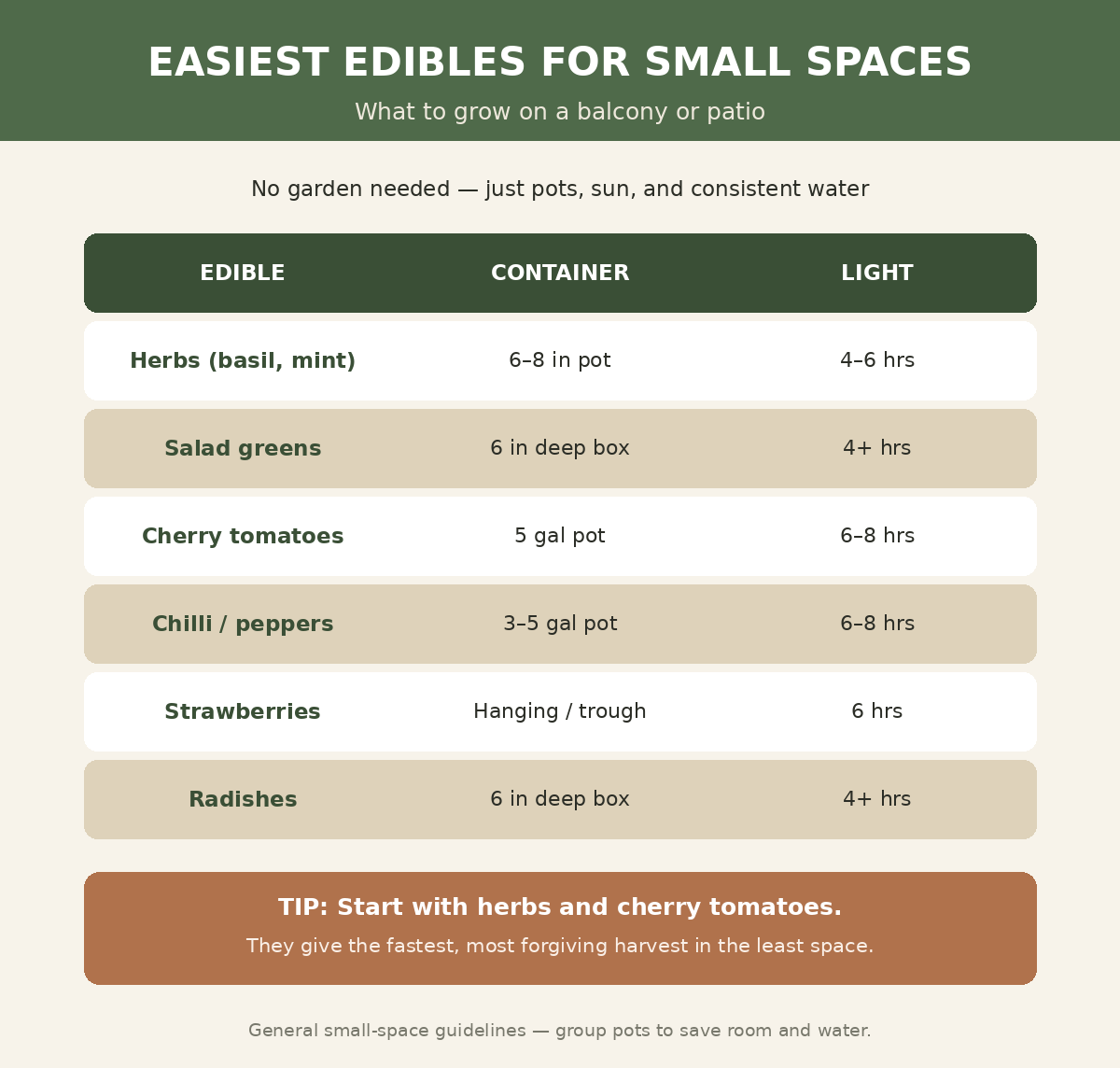 Easiest edible plants for small spaces: herbs, salad greens, cherry tomatoes, peppers, strawberries, radishes, with pot size and light.