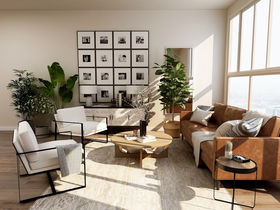 Neatly organized living room with clear surfaces and minimal decor items