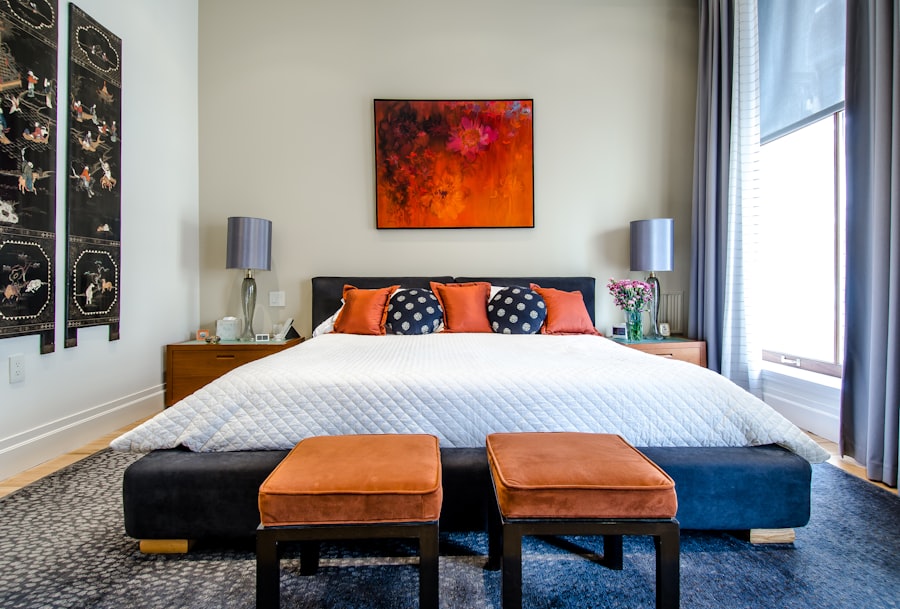 Serene bedroom with soft white linens, natural wood nightstands, and warm ambient light