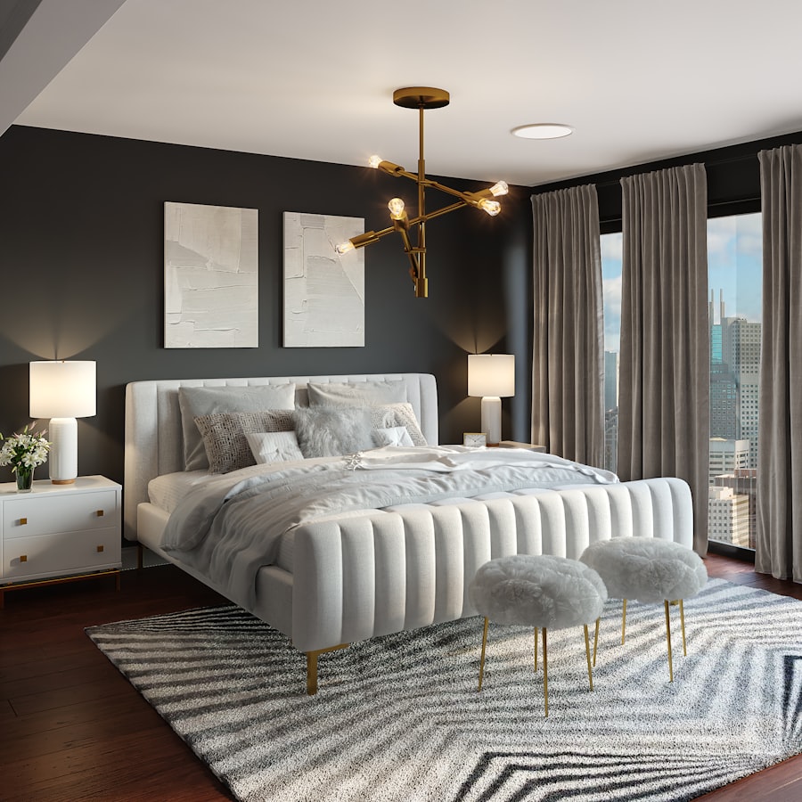 Serene bedroom with soft linens and warm ambient lighting